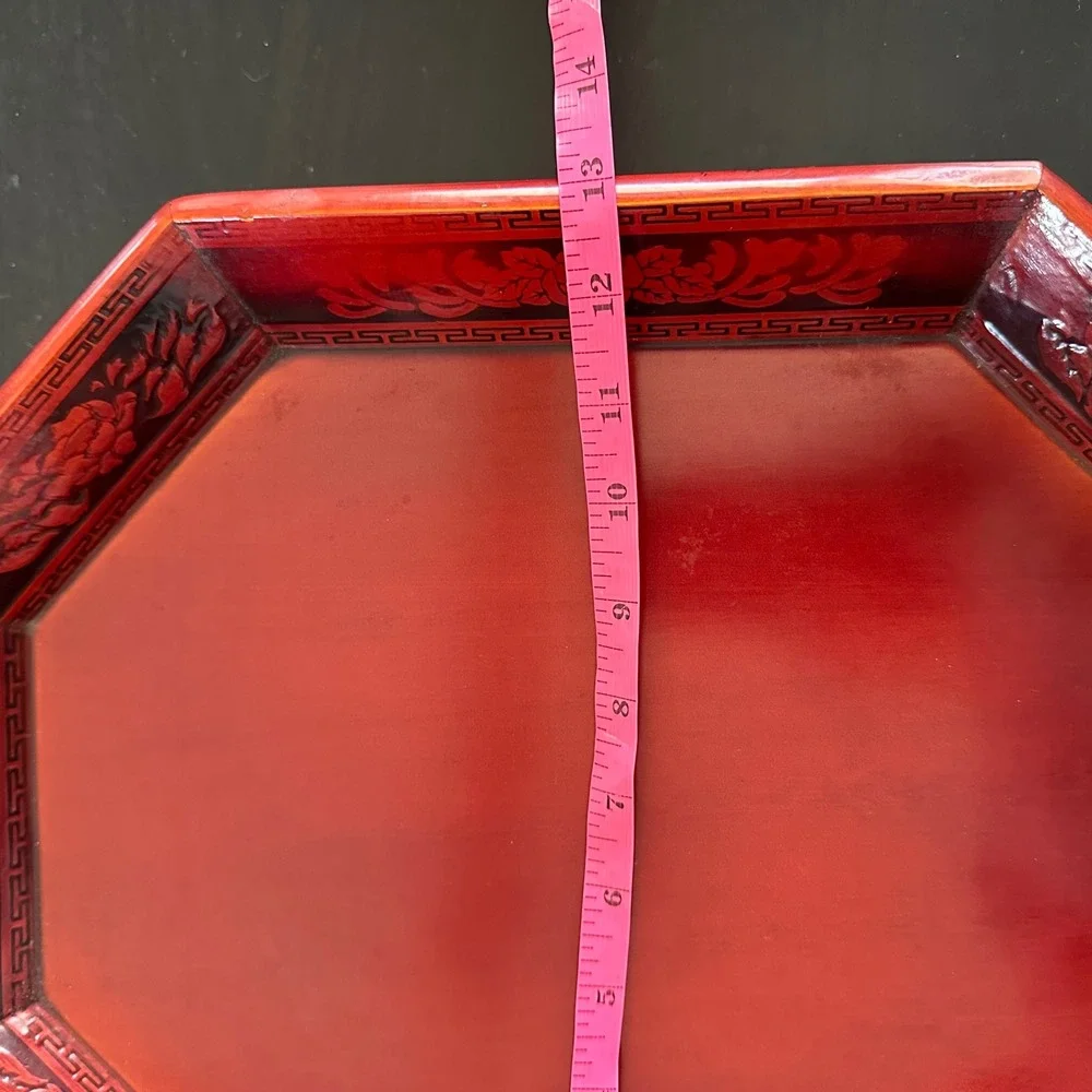 VTG Korean Red Lacquer Nesting Trays 6pc Set Octagon Carved Floral Asian Decor